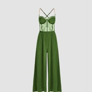 NEW, Green Solid Lace Corset Chain Cross Wide Leg Jumpsuit Medium